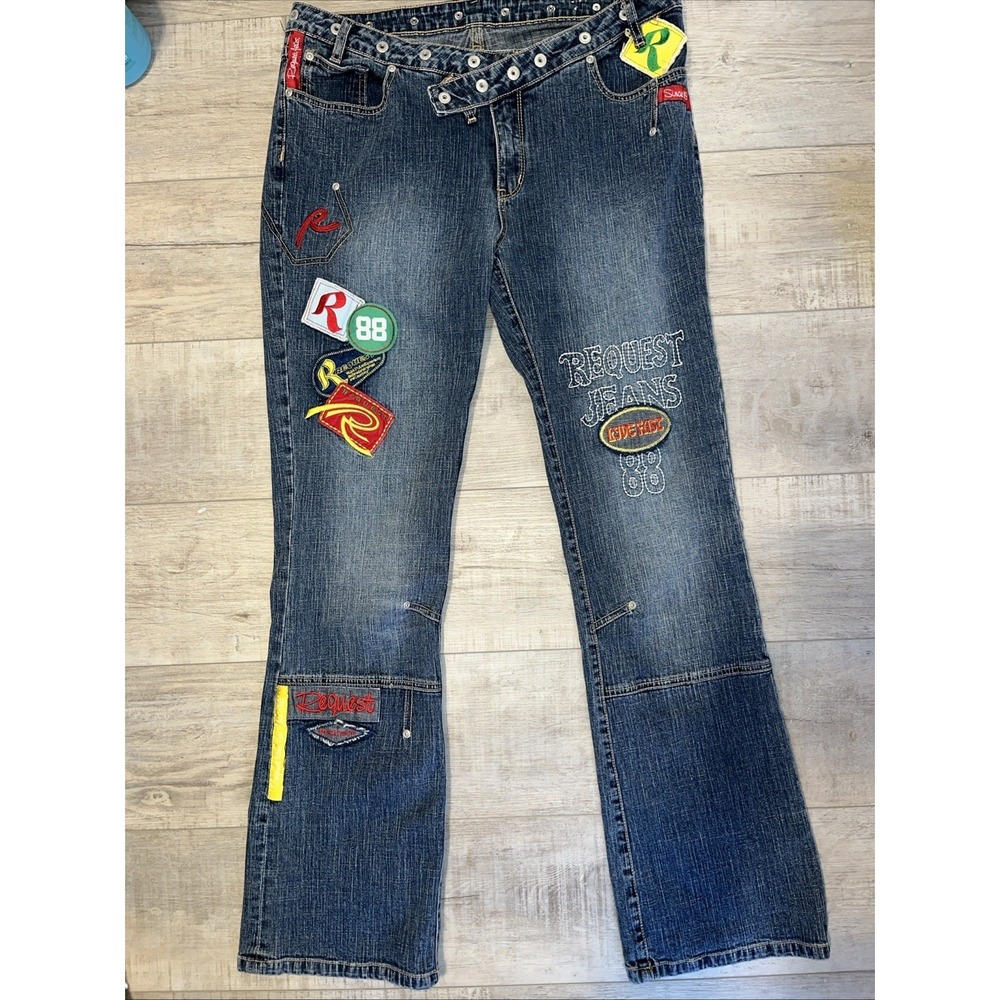 Y2K Request Jeans Women's Size 34(12-14) Blue Denim Chic Boho Embroidered Patch